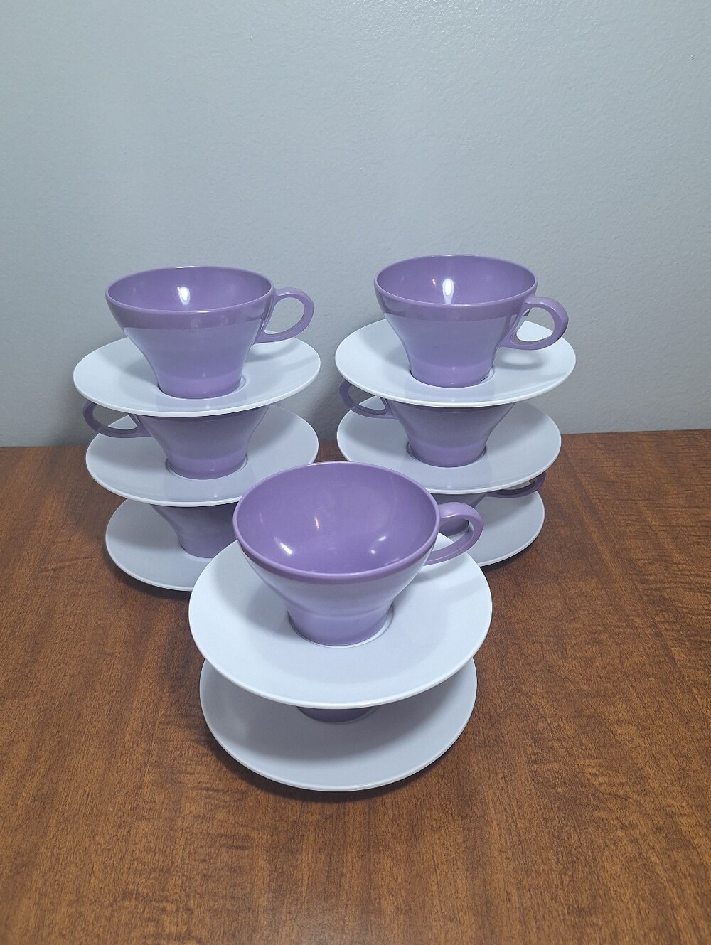 Vtg MCM Retro Melmac Purple Lavender & White Set Of 8 Cups & Saucers 16 Pieces